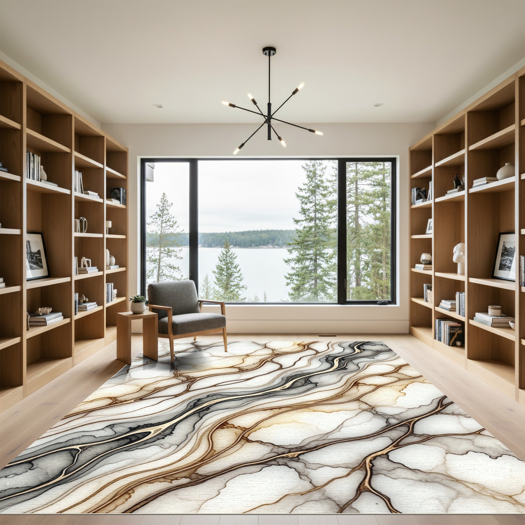 Abstract Gold Veined Marble Swirl Rug