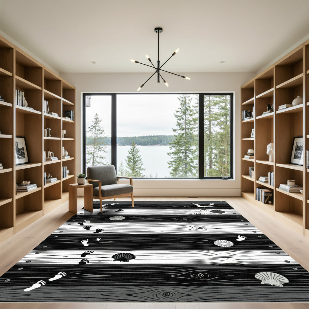 Monochromatic Coastal Plank Seaside Footprints Rug
