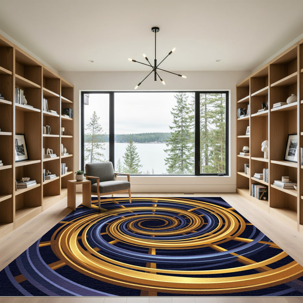 Gold and Navy Celestial Spiral Vortex Rug