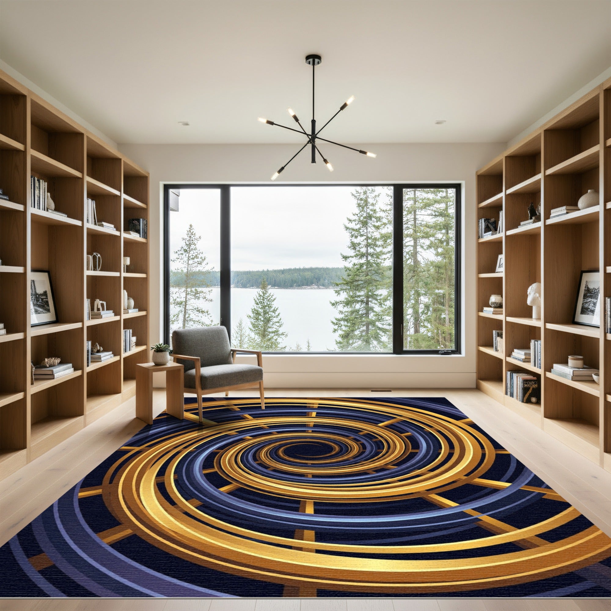 Gold and Navy Celestial Spiral Vortex Rug