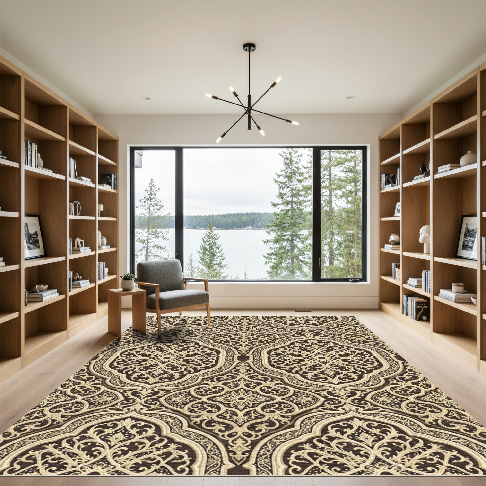Ornate Cream and Brown Filigree Damask Rug