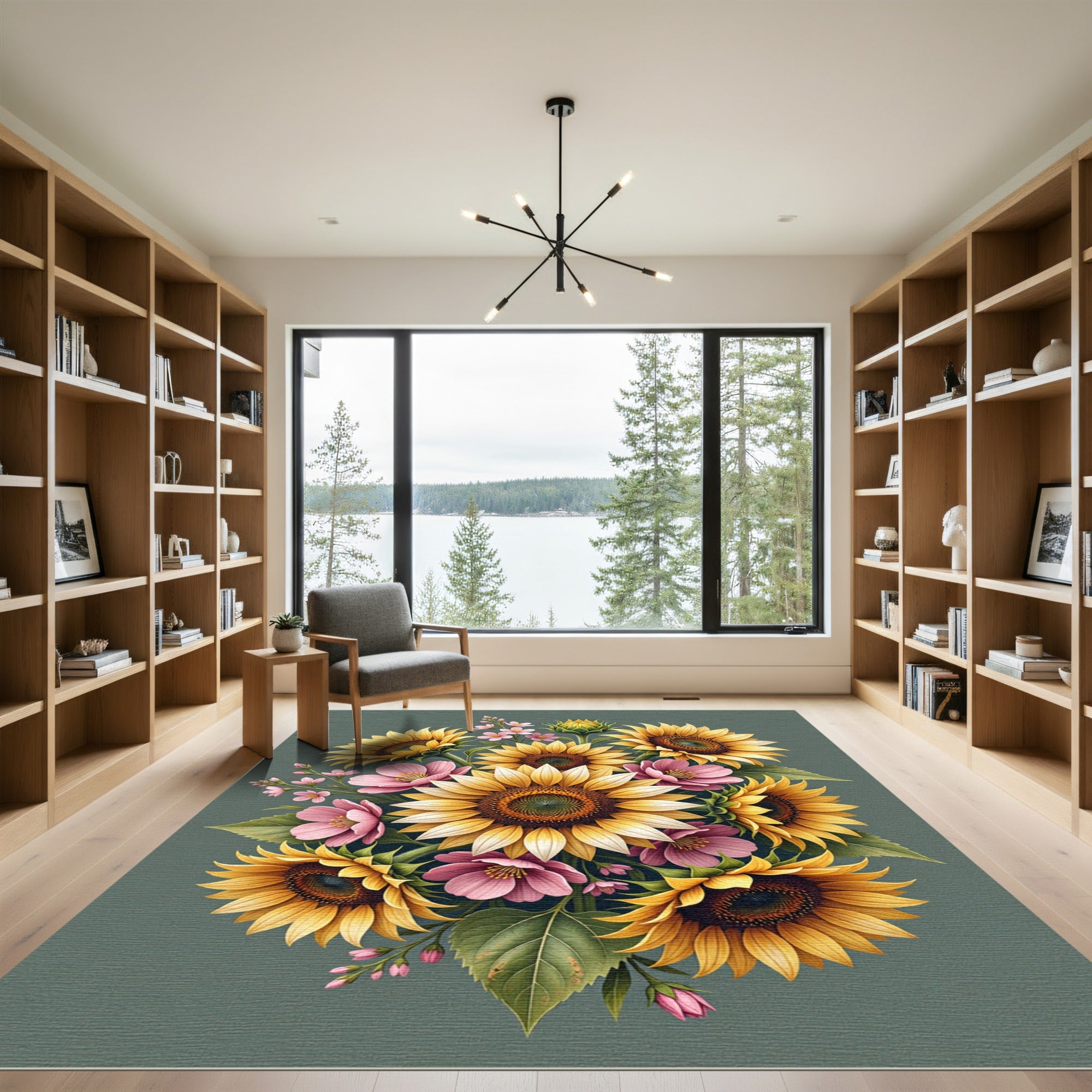 Vibrant Sunflower and Pink Blossom Bouquet Rug