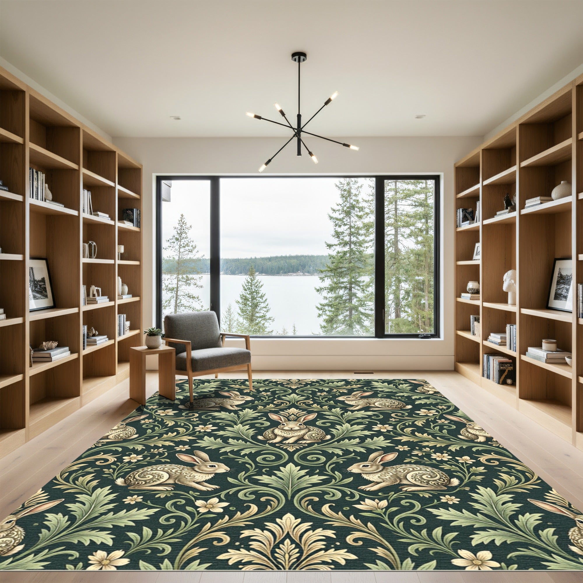 Forest Green Victorian Rabbit Foliate Rug