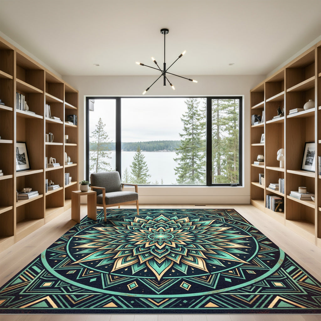 Teal Golden Mandala Geometric Art Rug