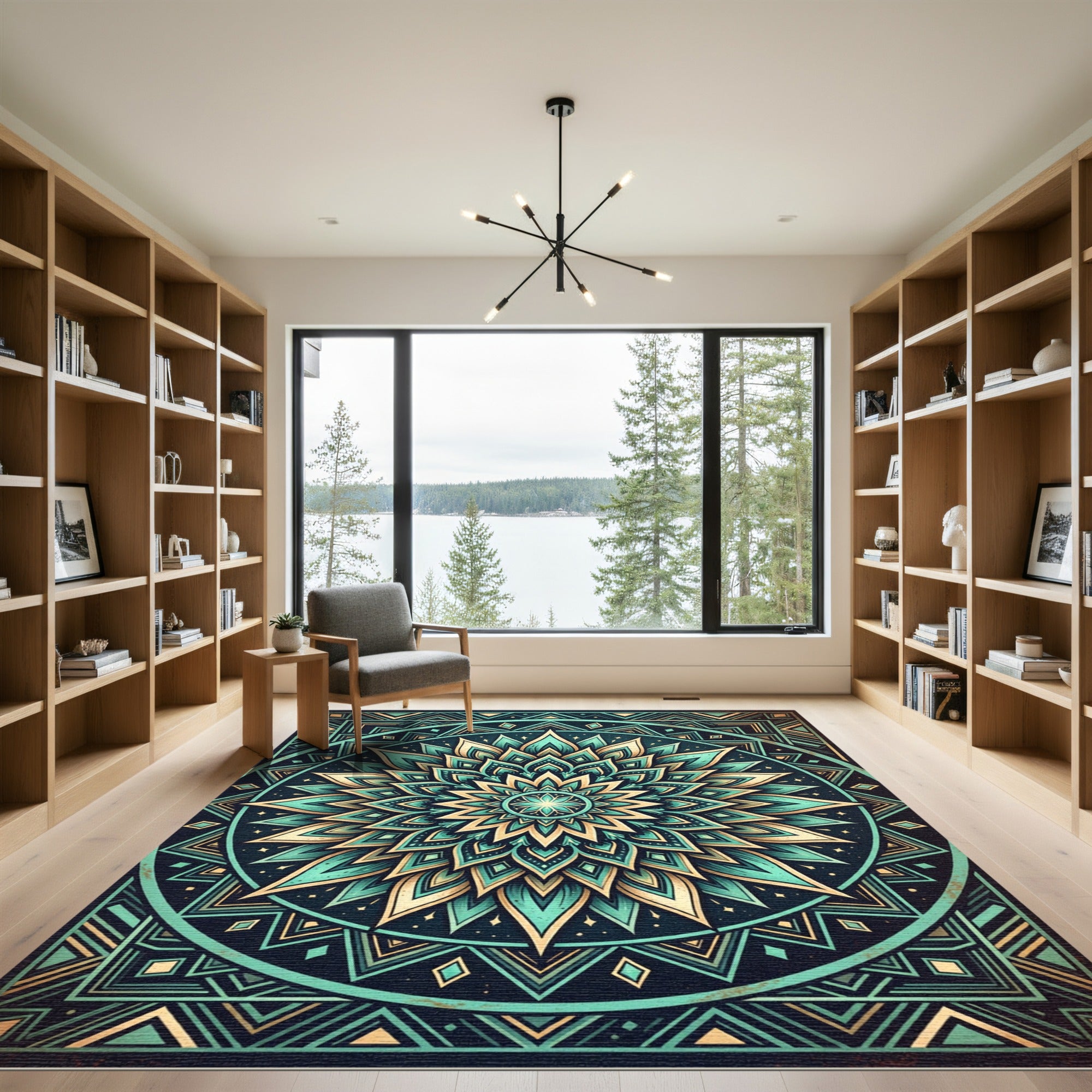 Teal Golden Mandala Geometric Art Rug