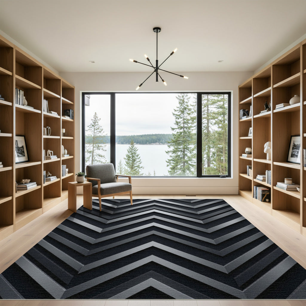 Sophisticated Charcoal Metallic Chevron Layered Rug