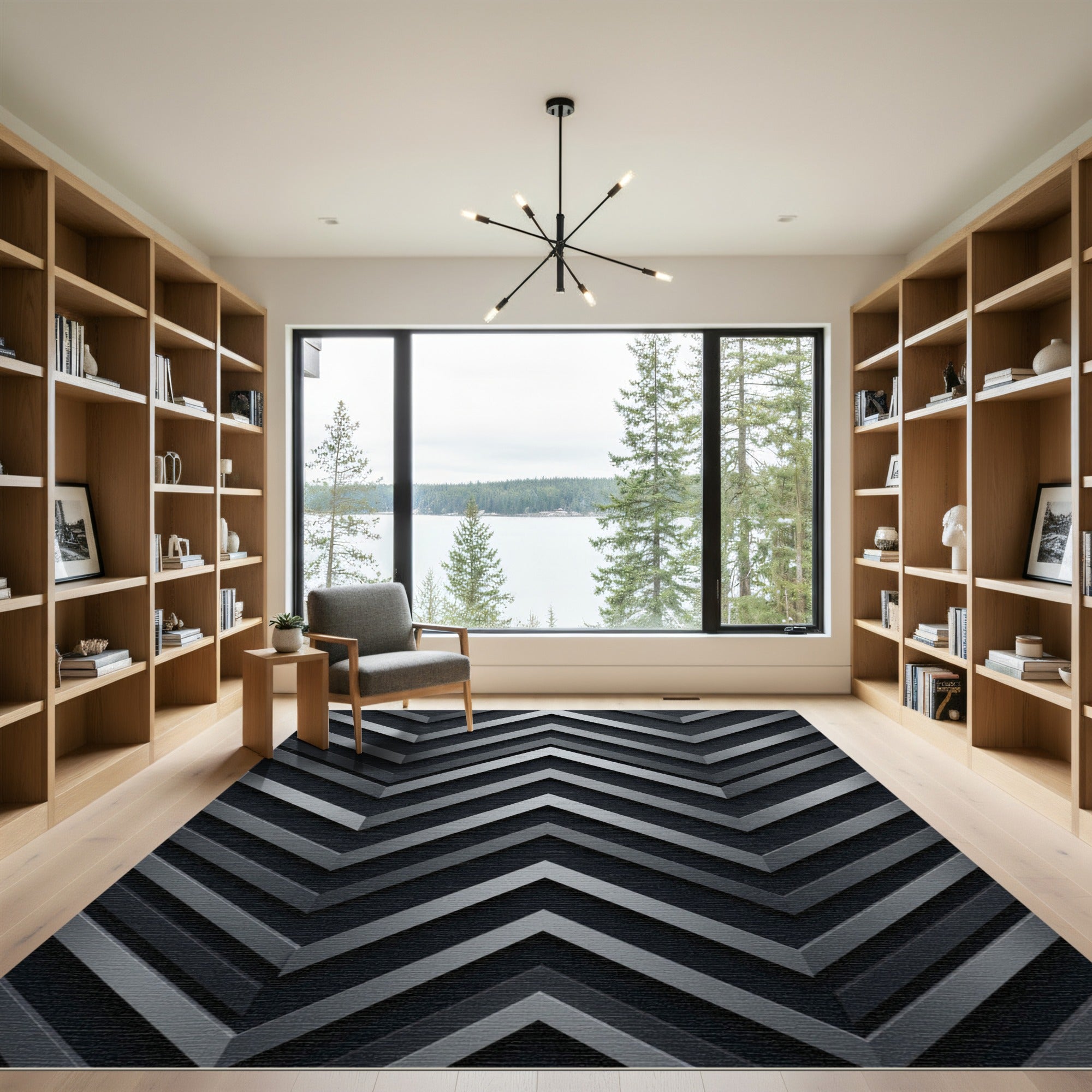 Sophisticated Charcoal Metallic Chevron Layered Rug