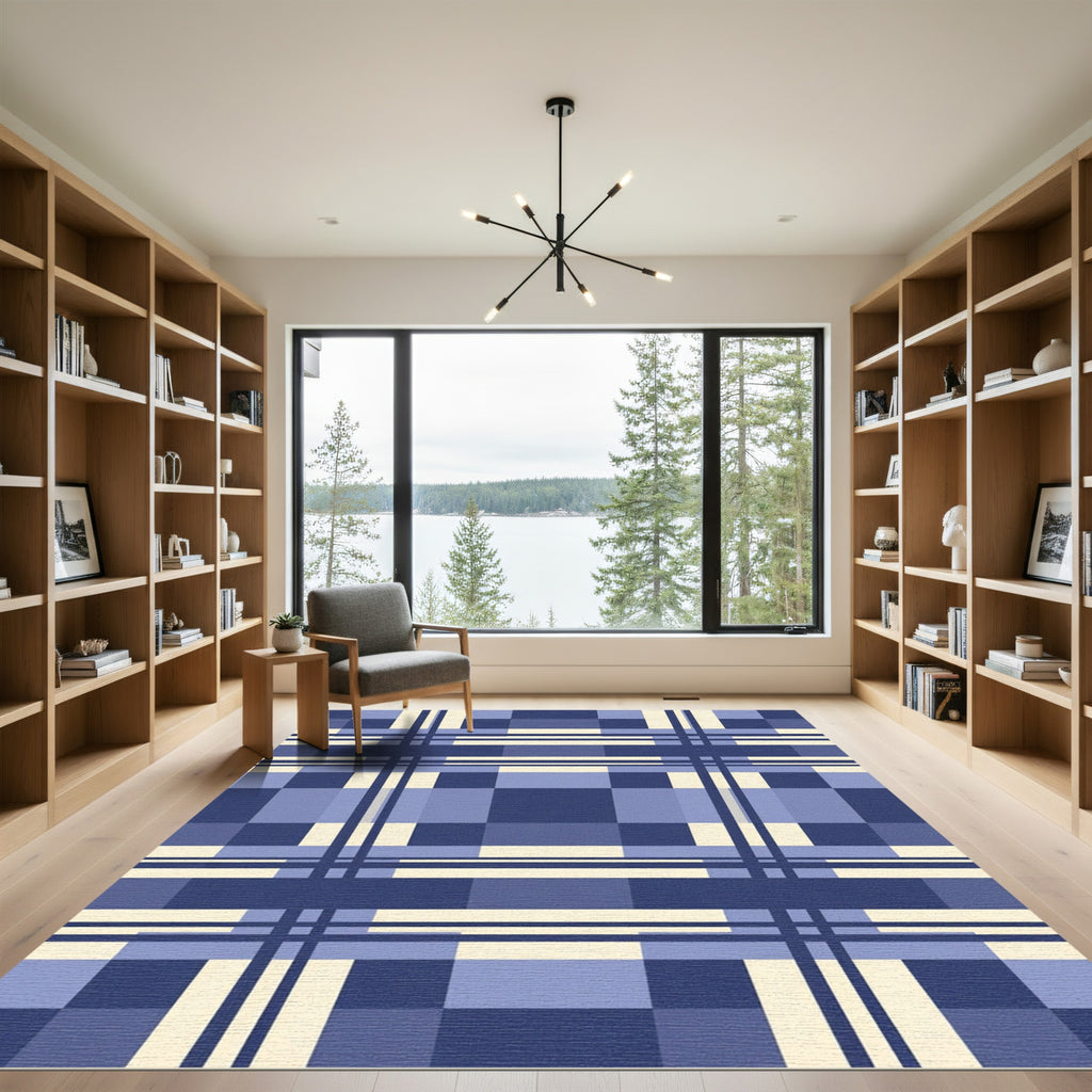 Modern Navy and Cream Plaid Geometric Rug