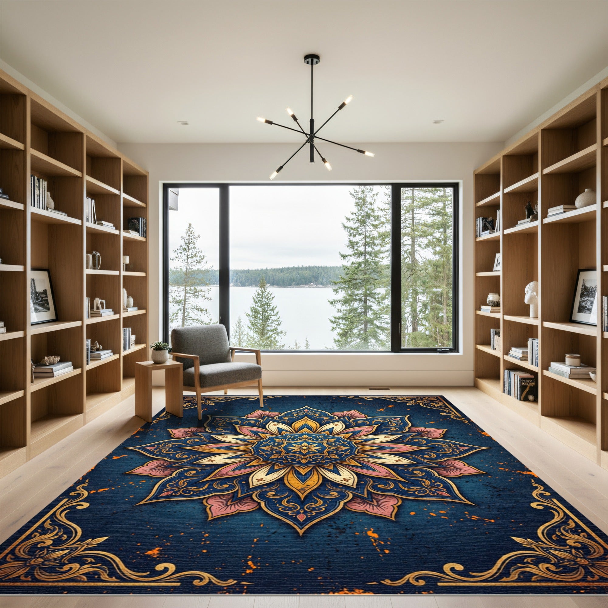 Elegant Navy Golden Lotus Mandala Rug