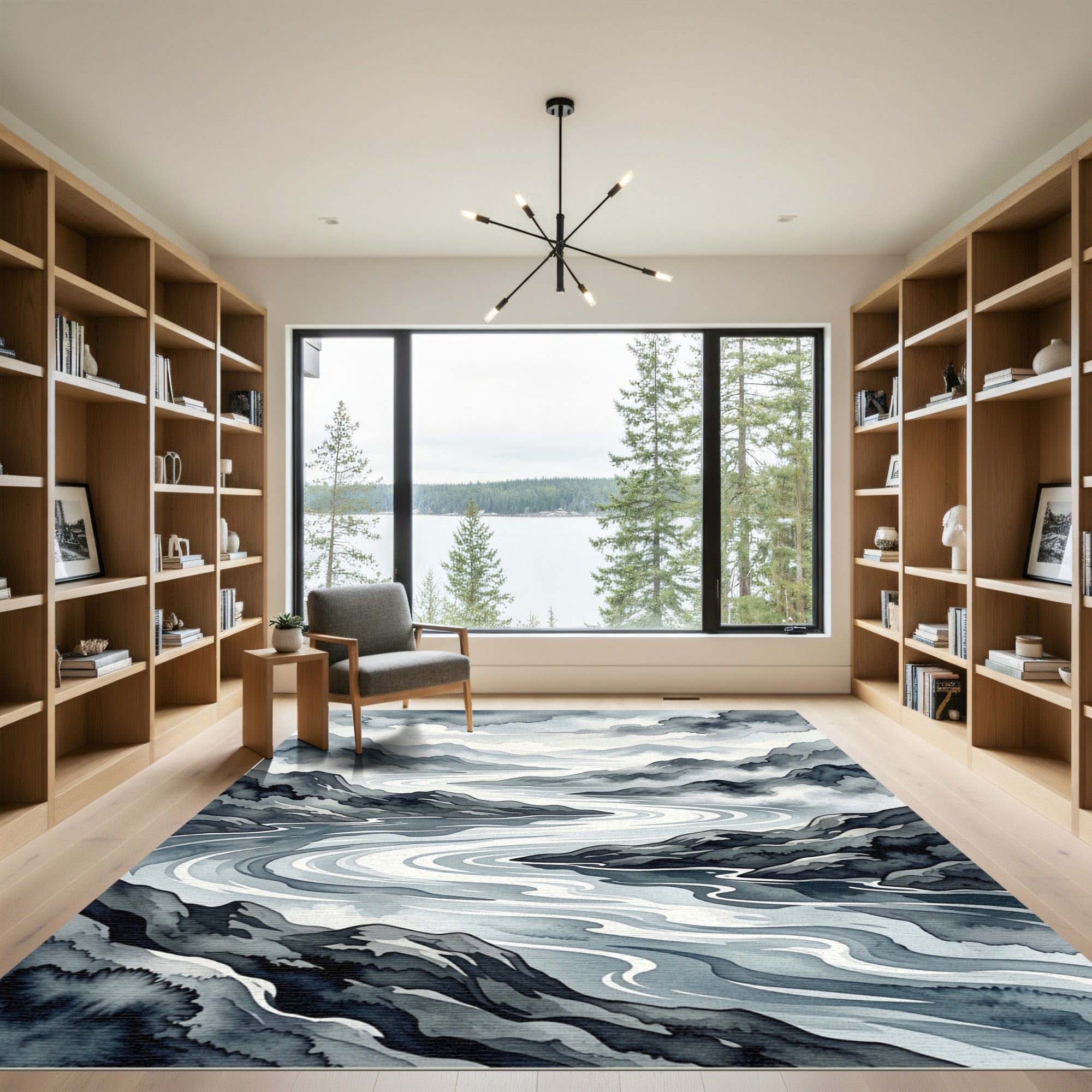 Monochromatic Misty Mountain River Scene Rug