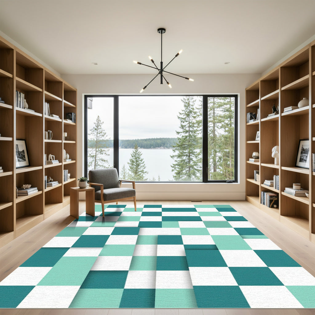 Modern Teal and Mint Grid Block Rug