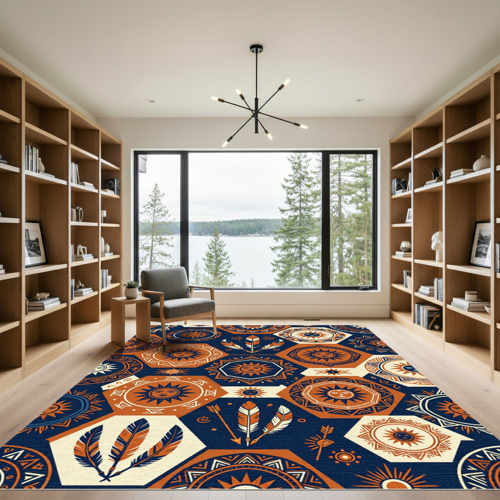 Celestial Hexagon Sun Feather Indigo Terracotta Rug