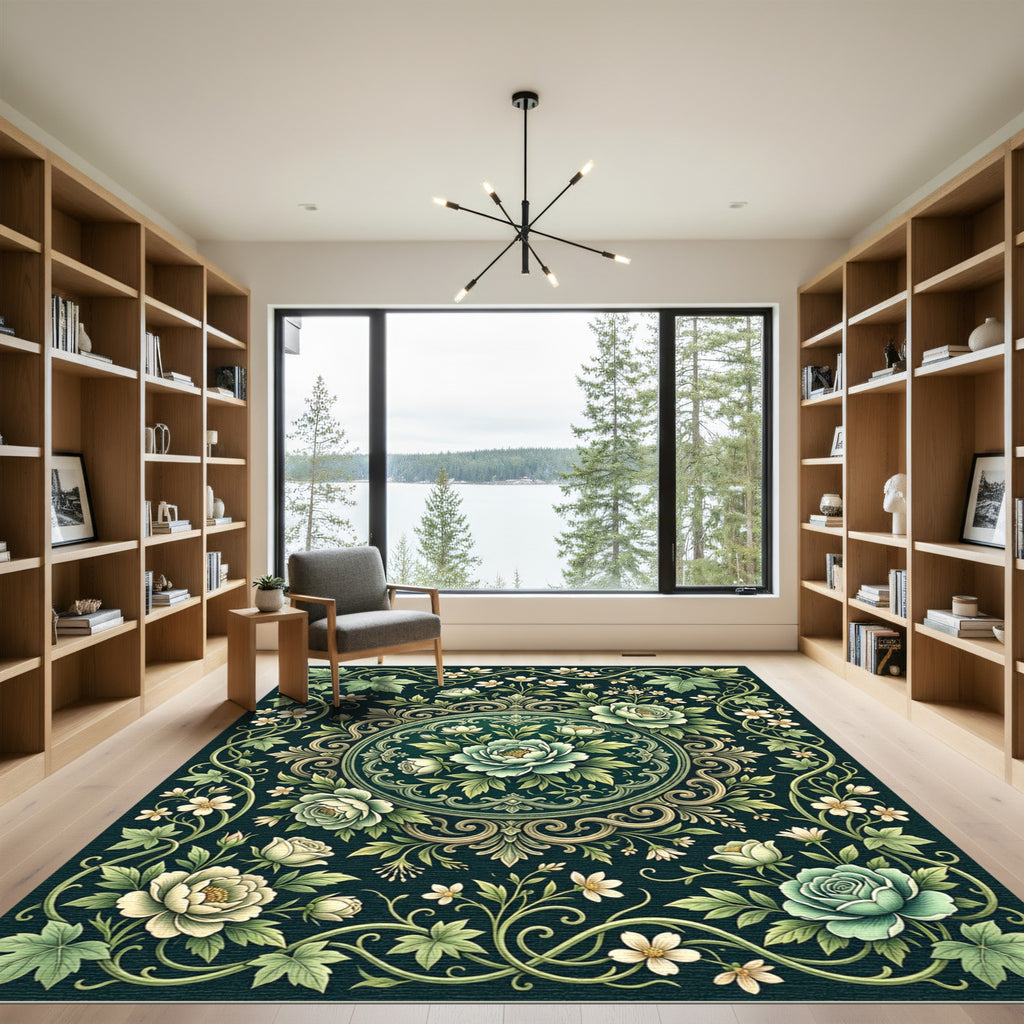 Elegant Sage Botanical Floral Medallion Rug