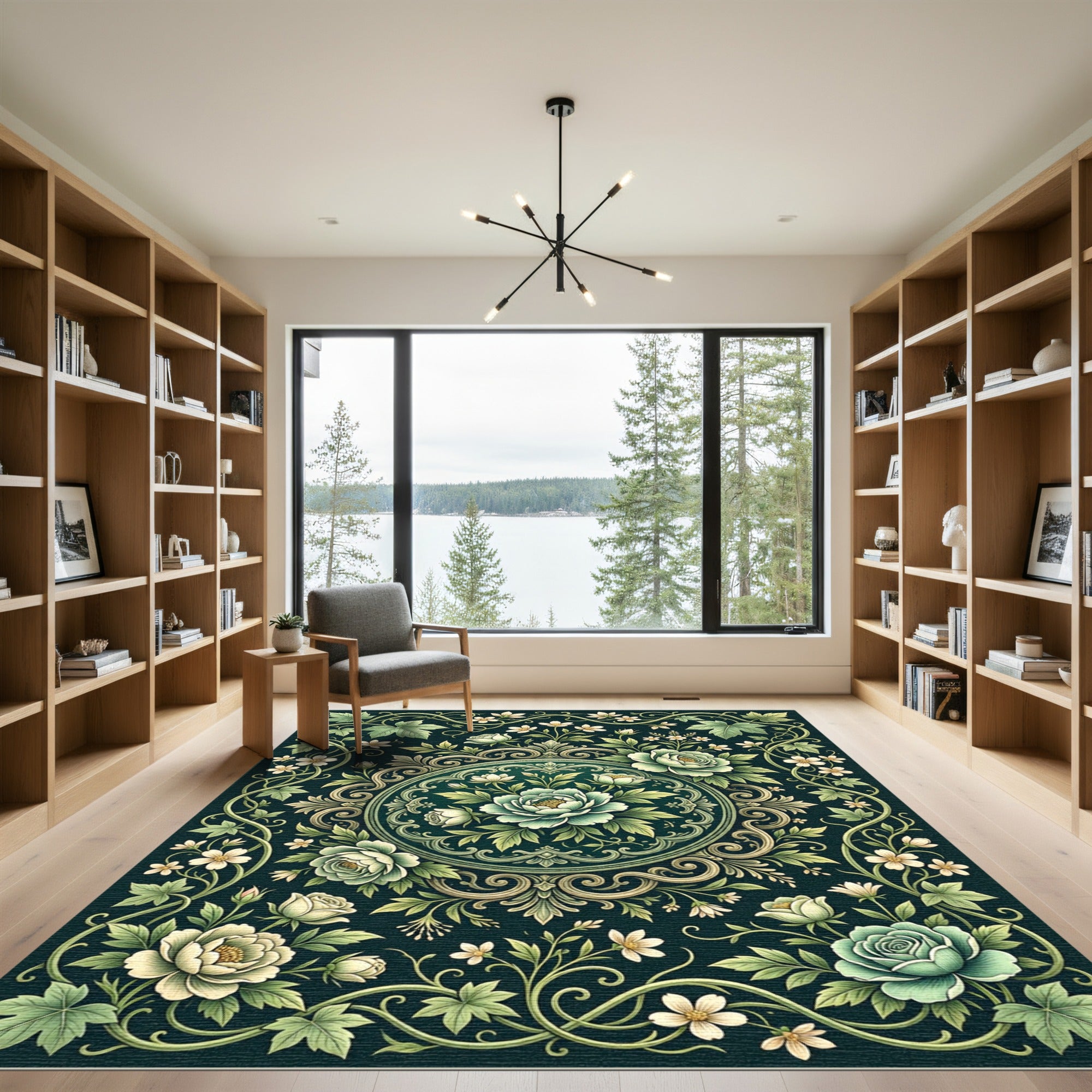 Elegant Sage Botanical Floral Medallion Rug