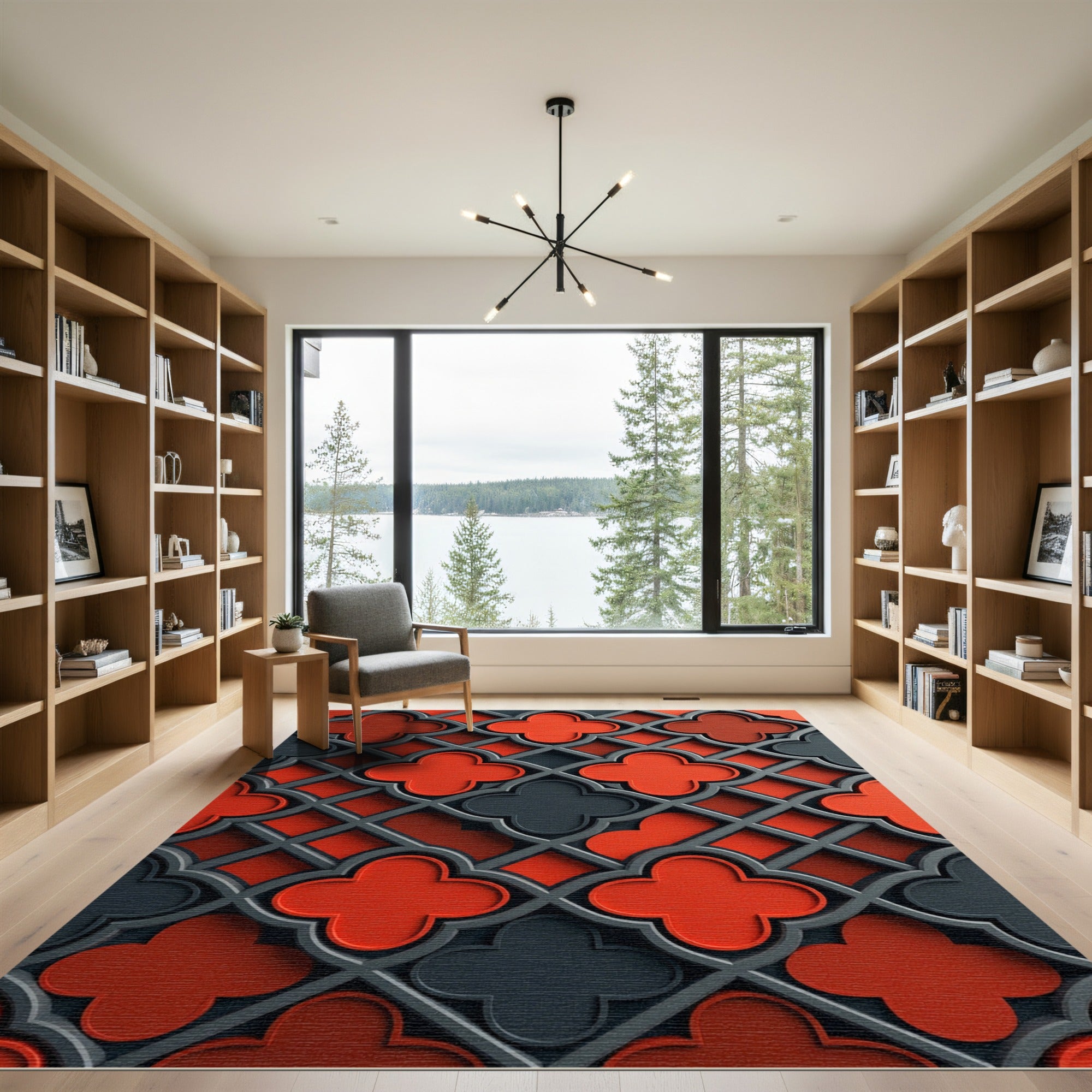 Modern Gray Red Quatrefoil Lattice Rug