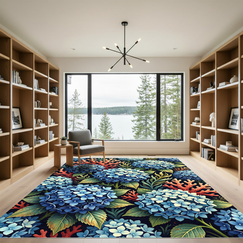 Blue Hydrangea and Coral Botanical Garden Rug