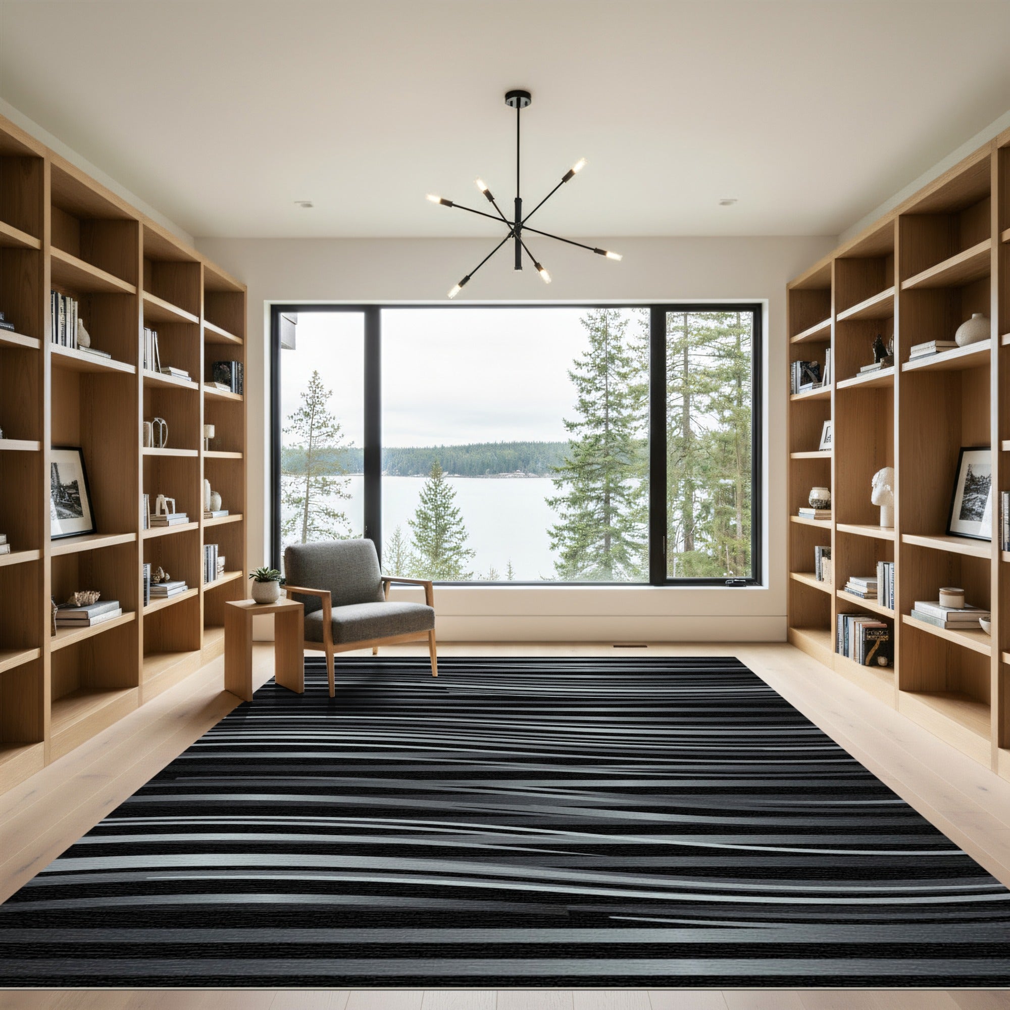 Modern Silver Wavy Linear Monochromatic Rug