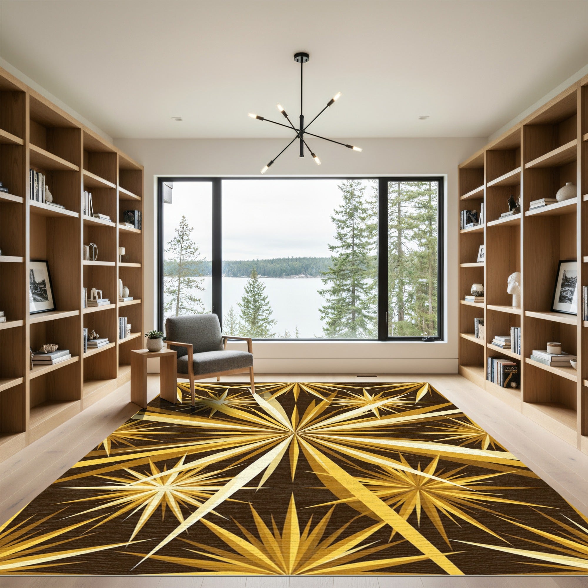 Radiant Gold Starburst Geometric Art Rug