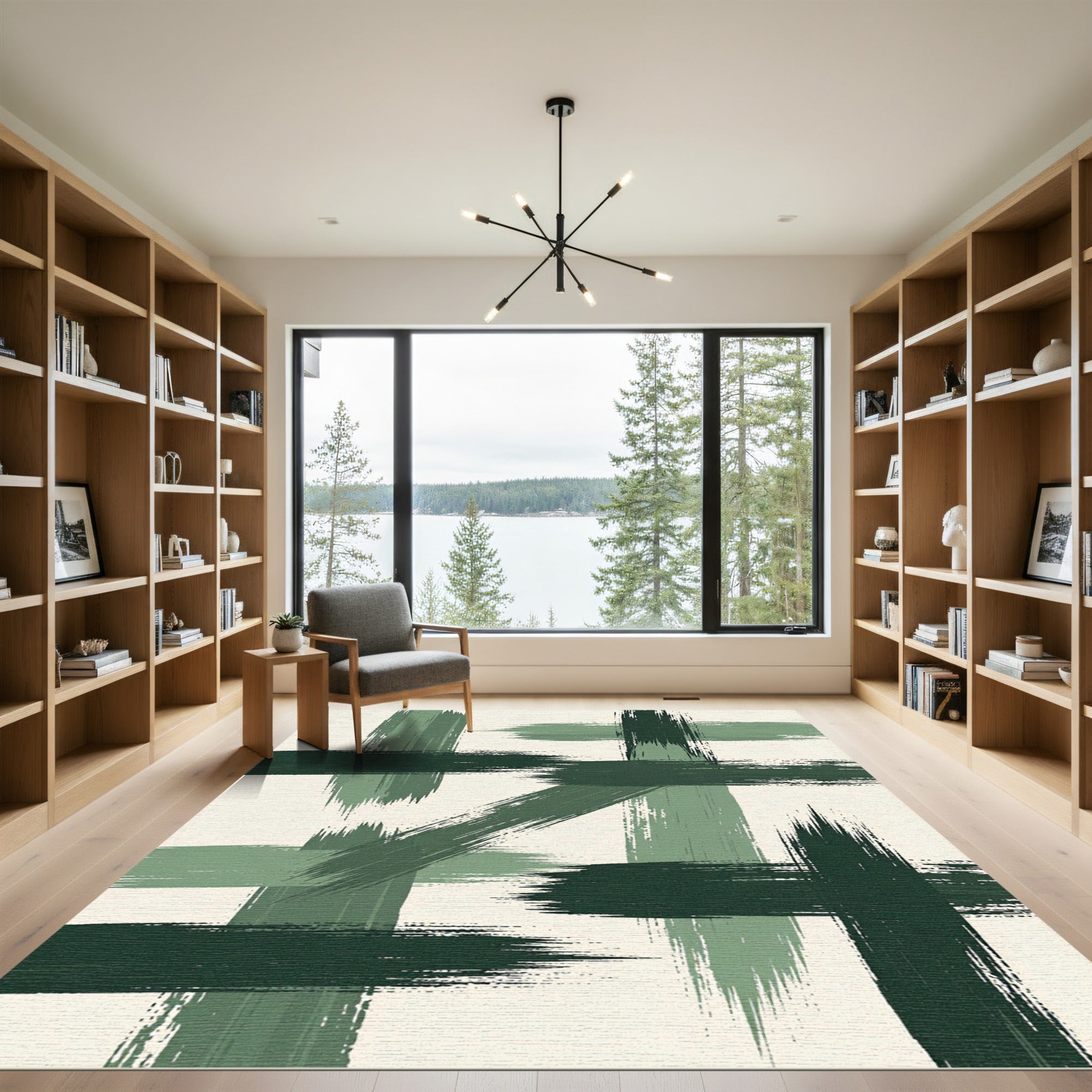 Abstract Forest Green Brushstroke Grid Rug