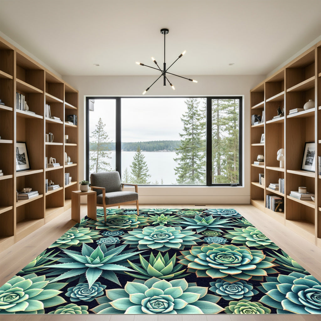 Lush Teal Succulent Botanical Flora Rug