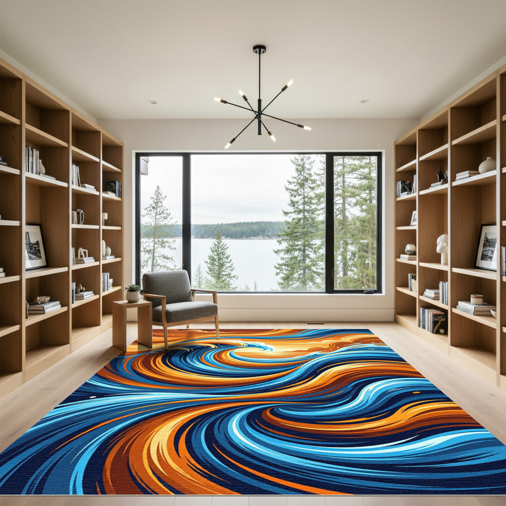 Abstract Golden Wave Swirls and Sunset Rug