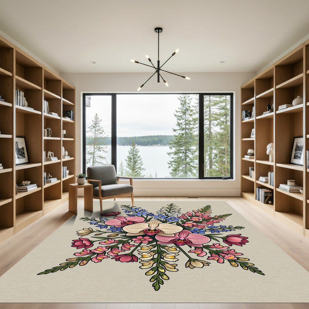 Pink Cream Blue Orchid Flower Bouquet Rug