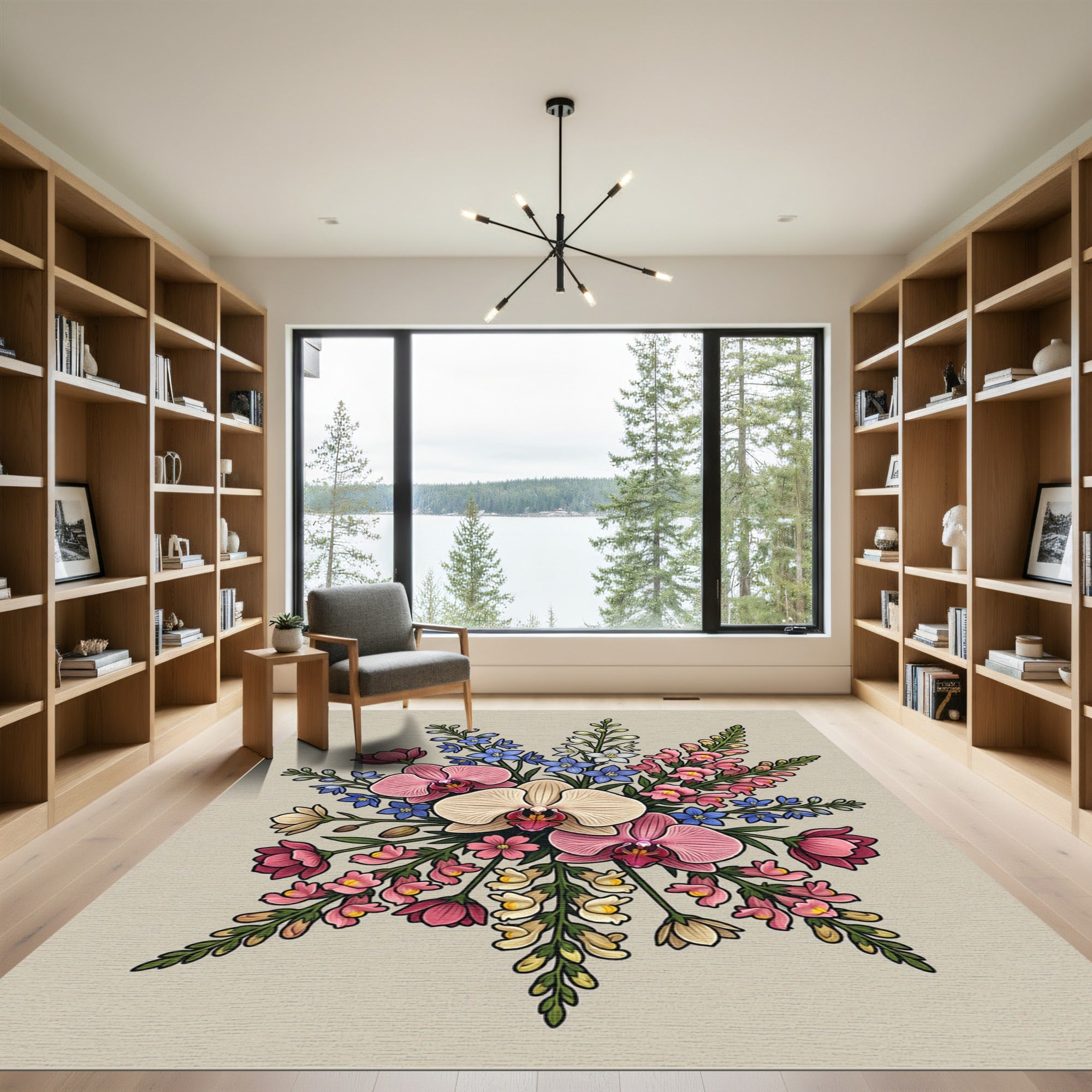 Pink Cream Blue Orchid Flower Bouquet Rug