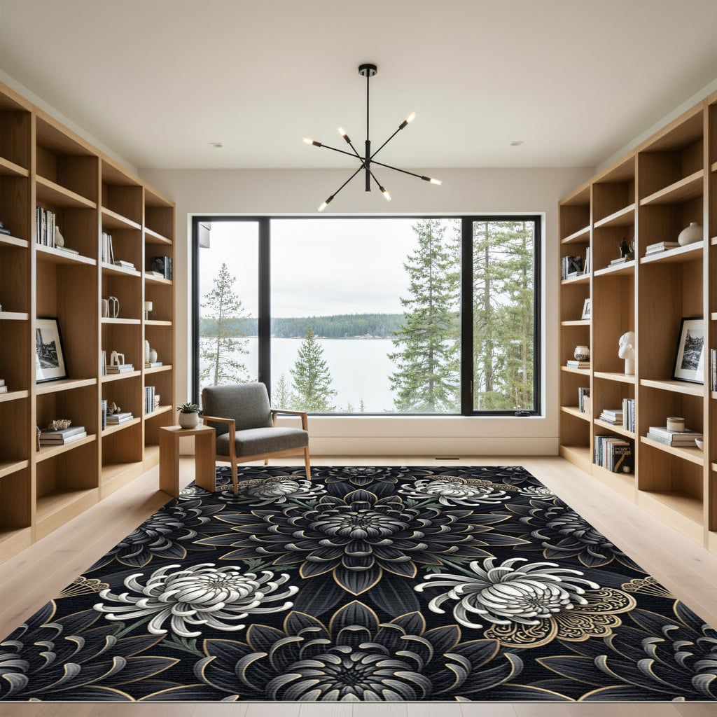 Gothic Black and White Chrysanthemum Art Rug