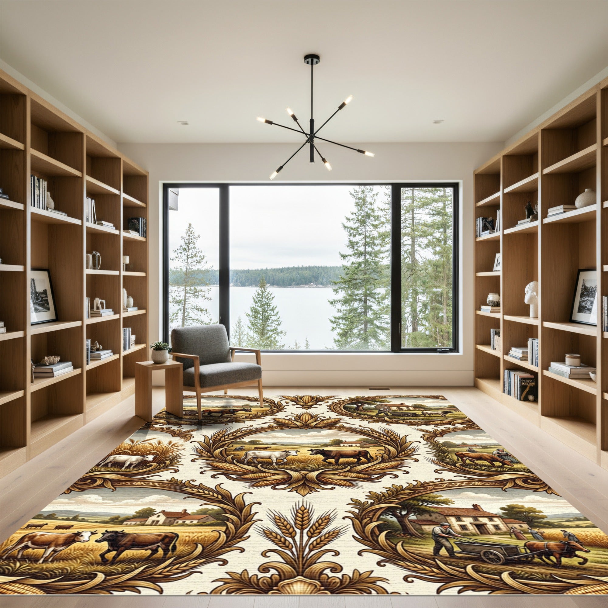 Golden Farm Scene Oval Medallion Rug