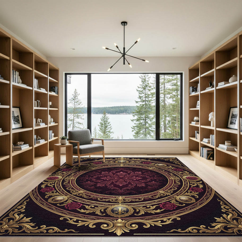 Ornate Maroon Damask Floral Gold Medallion Rug