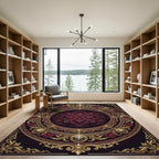 Ornate Maroon Damask Floral Gold Medallion Rug