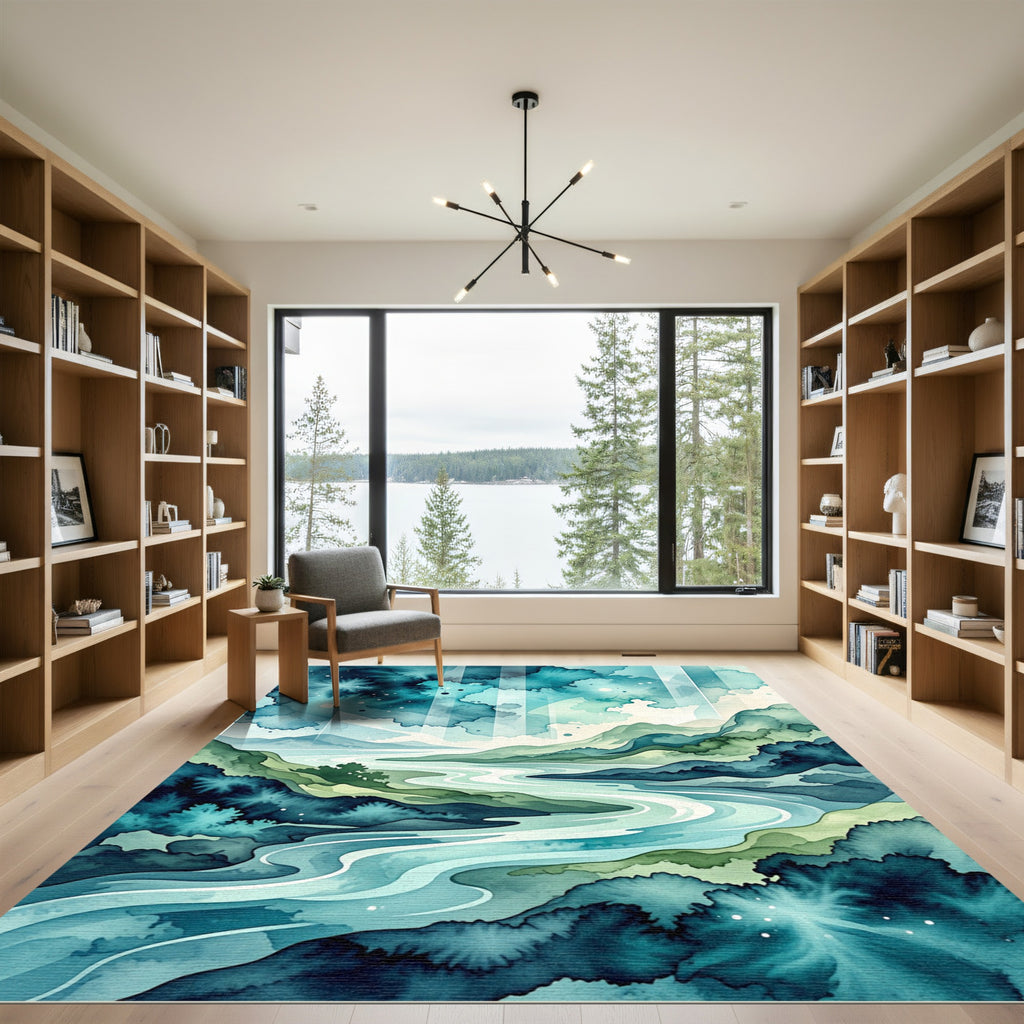 Azure River Flowing Through Emerald Mountains Rug