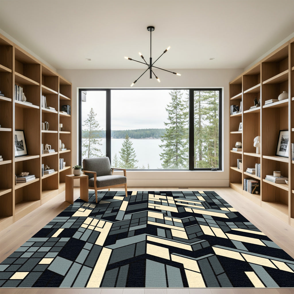 Geometric Cityscape in Gray Cream Rug