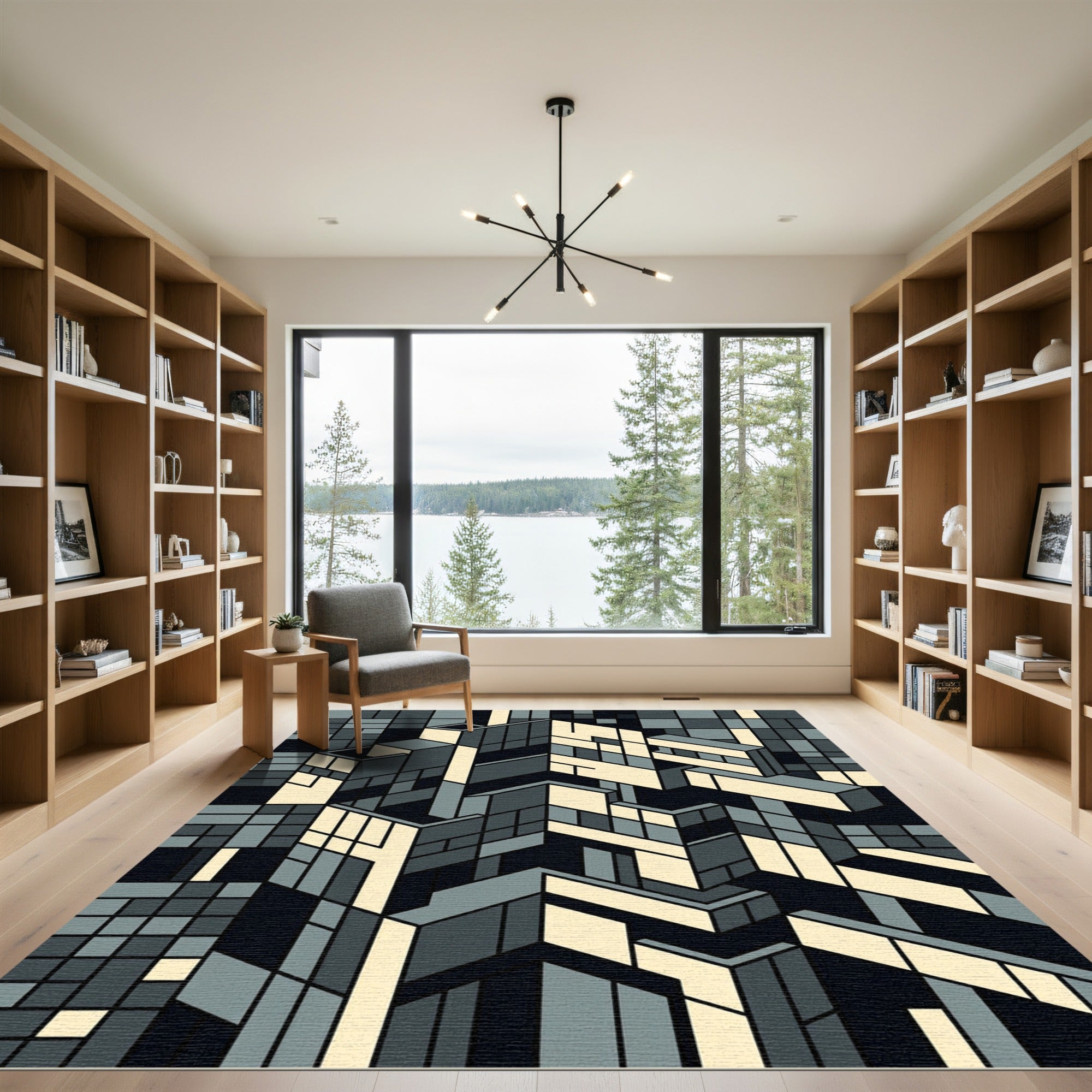 Geometric Cityscape in Gray Cream Rug