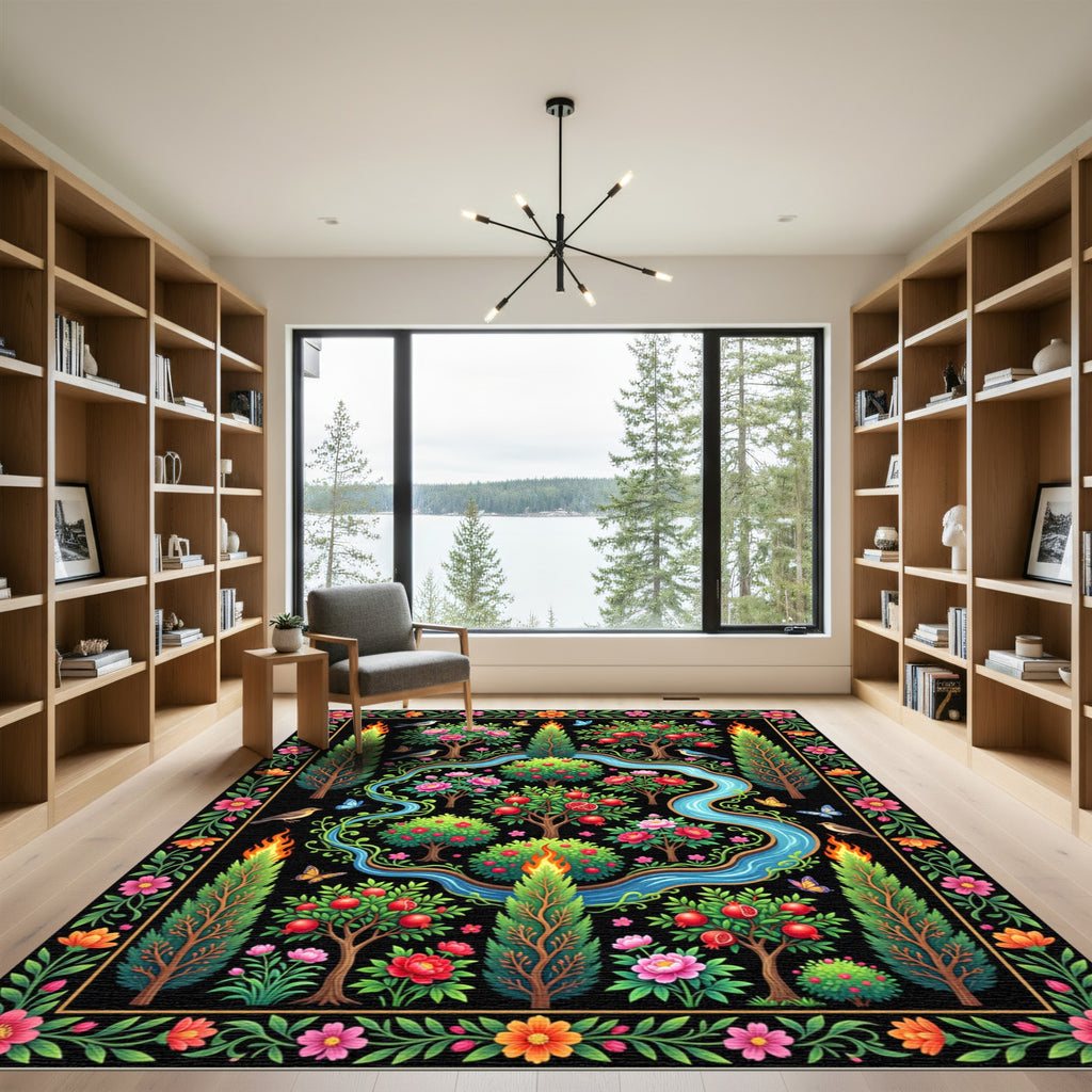 Vibrant Black Floral Garden River Rug