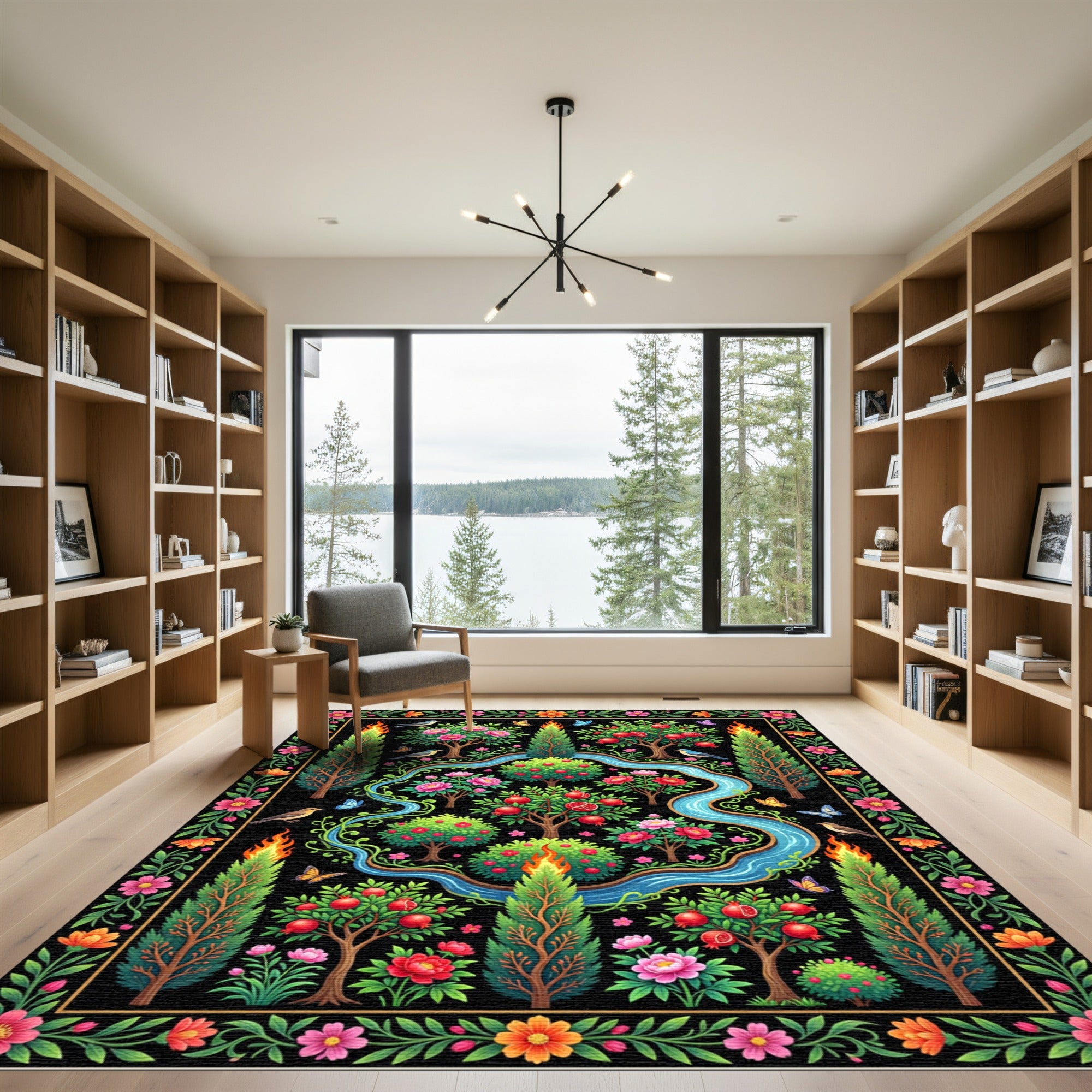 Vibrant Black Floral Garden River Rug