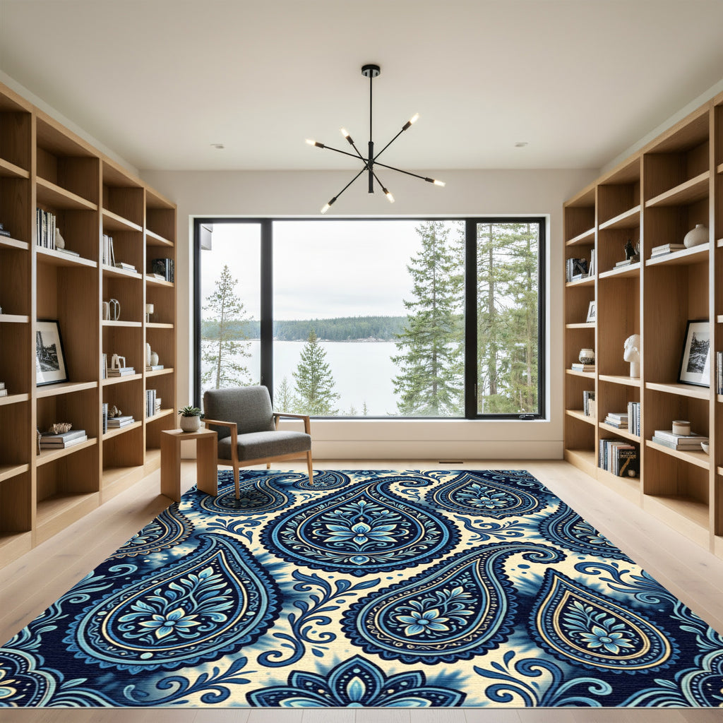 Deep Blue Paisley Floral Medallion Rug