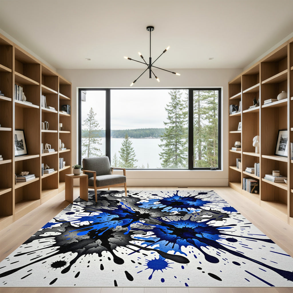 Abstract Splatter Blue Black Ink Explosion Rug