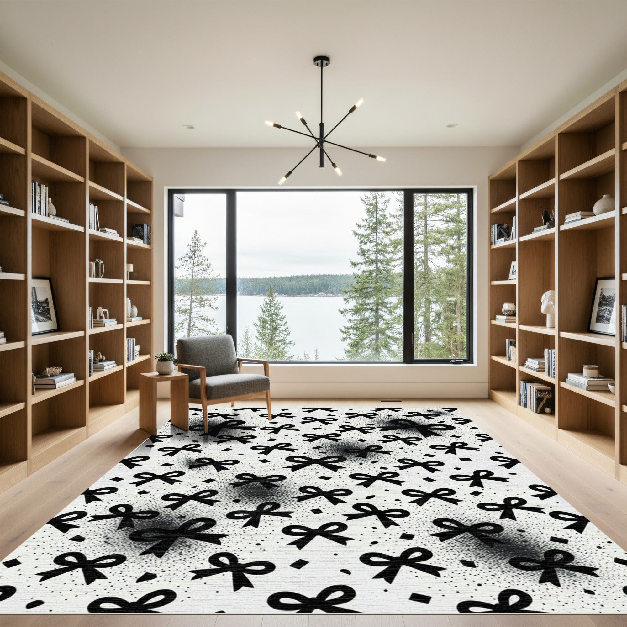 Black Bows and Dotted Minimalist Monochrome Rug