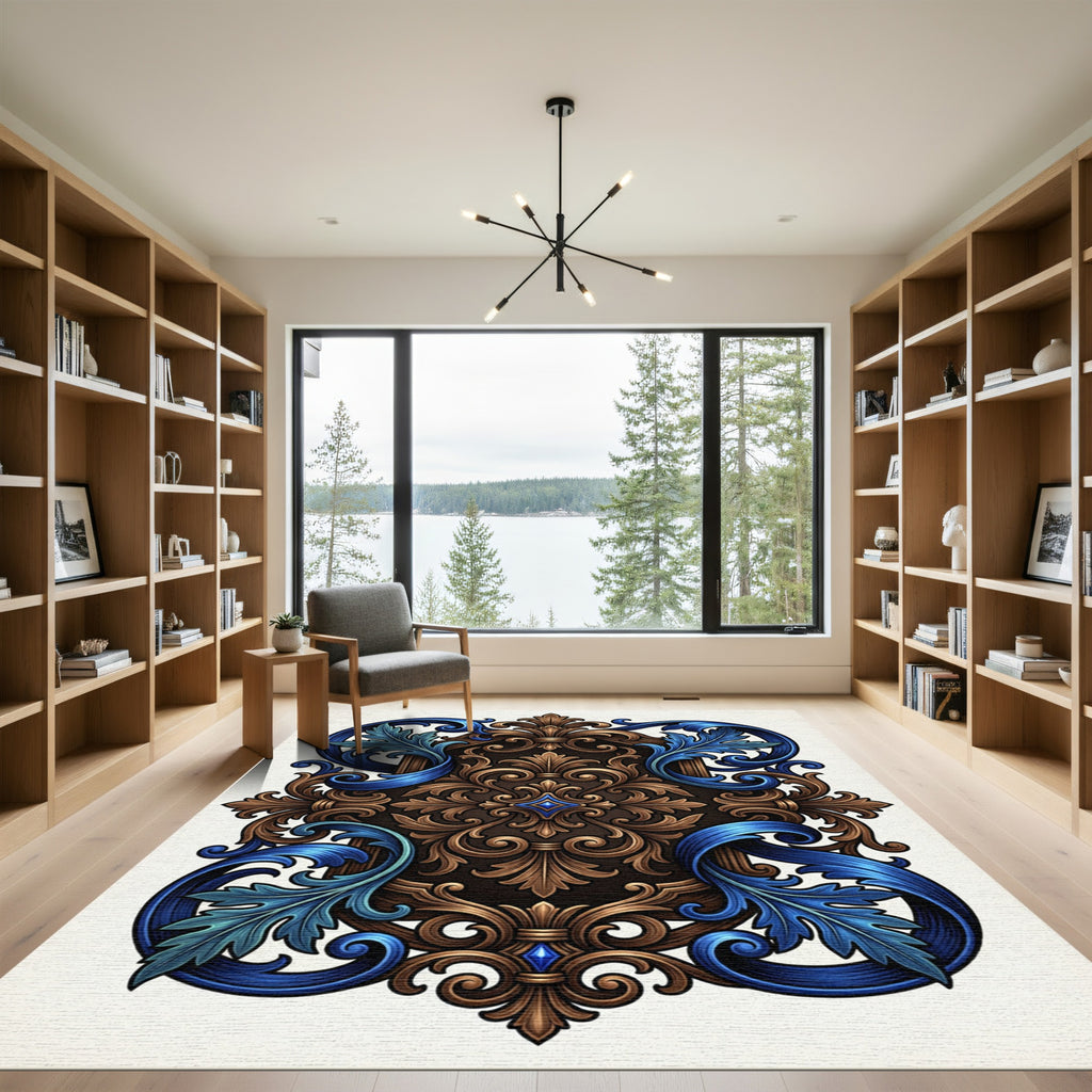 Ornate Royal Blue and Gold Acanthus Rug