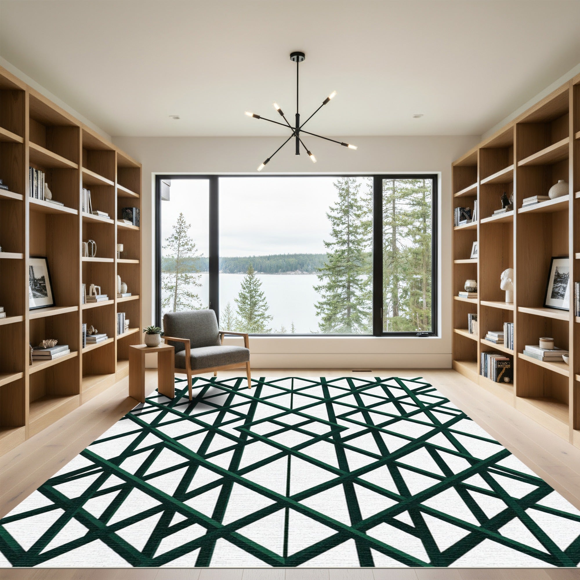 Dark Emerald Geometric Lattice Grid Rug