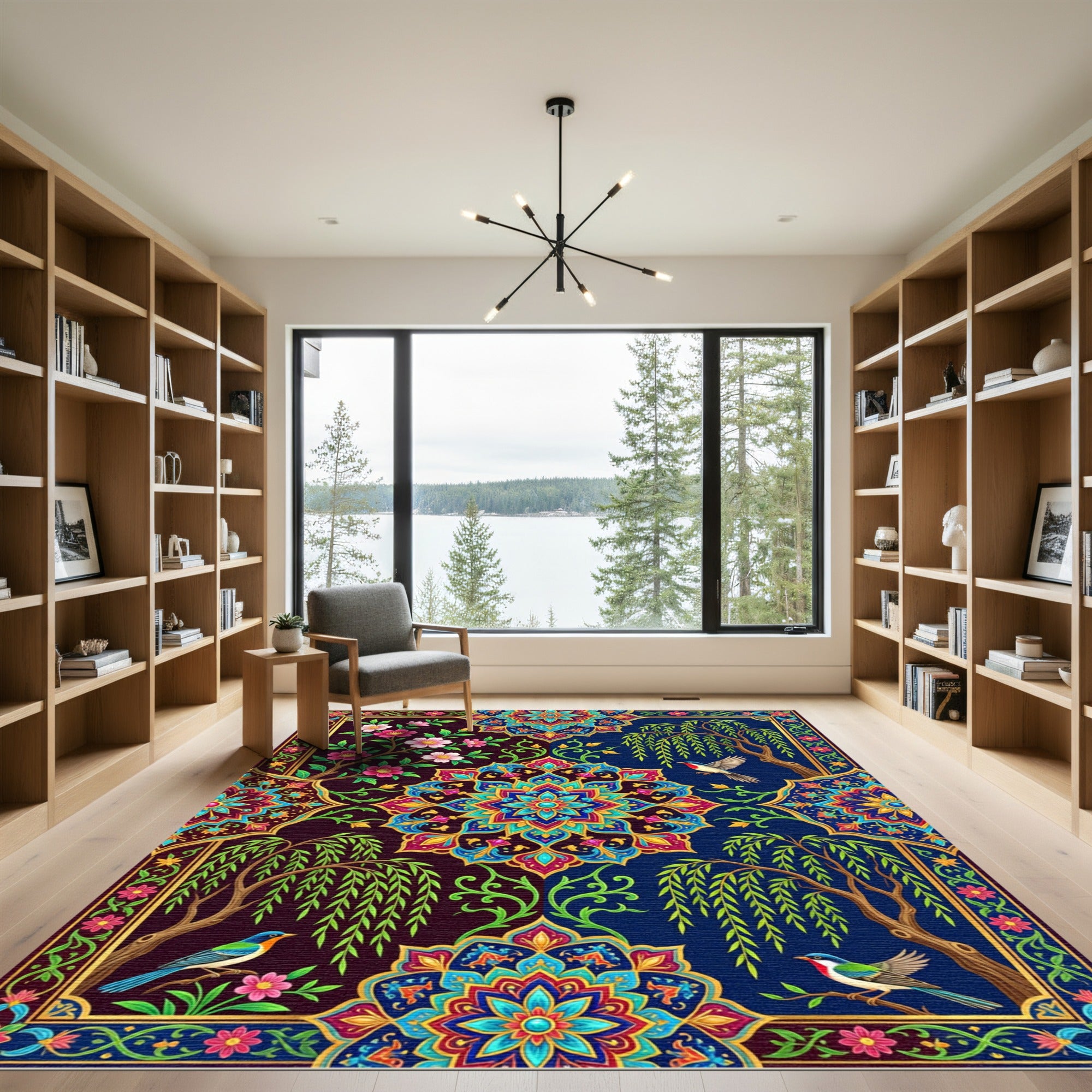 Colorful Floral Medallion Garden Birds Rug