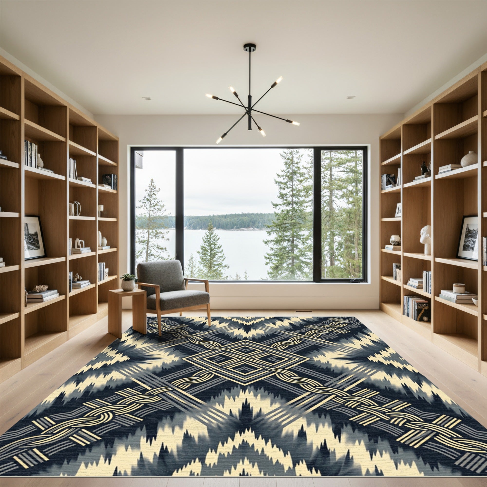 Geometric Gold And Navy Braided Lines Rug