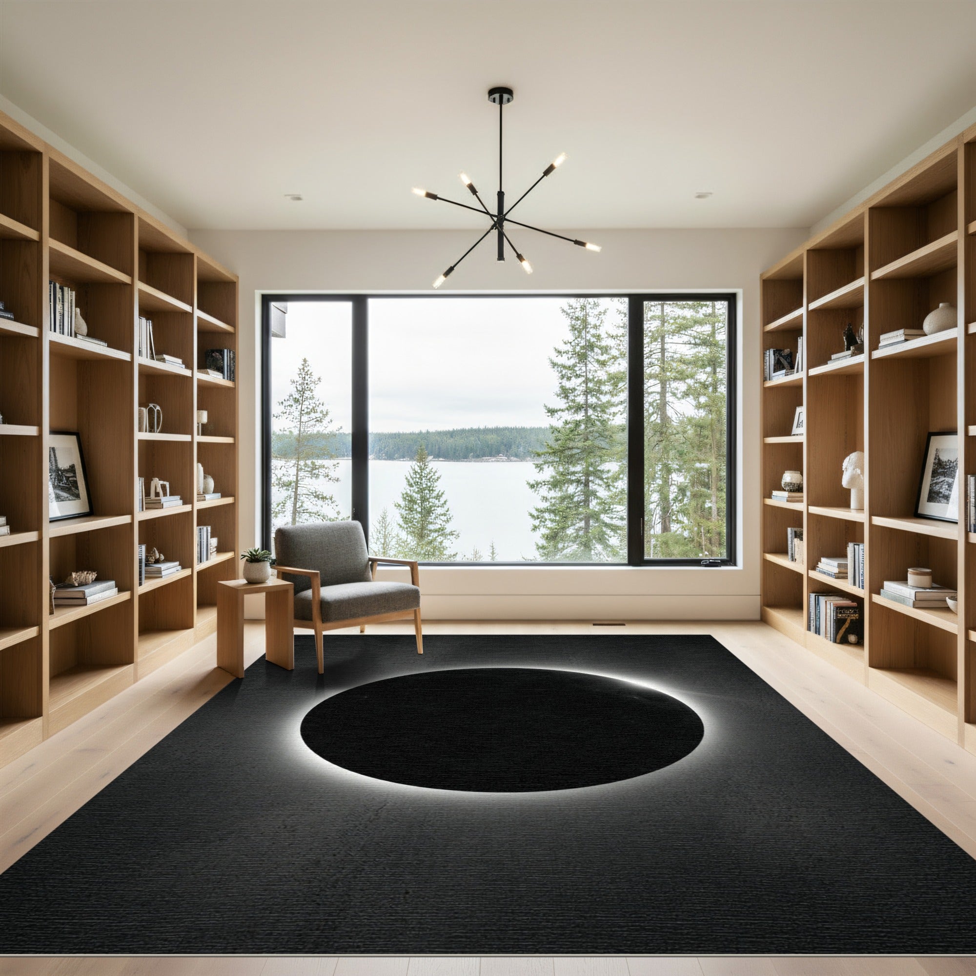 Dramatic Black Solar Eclipse Halo Rug