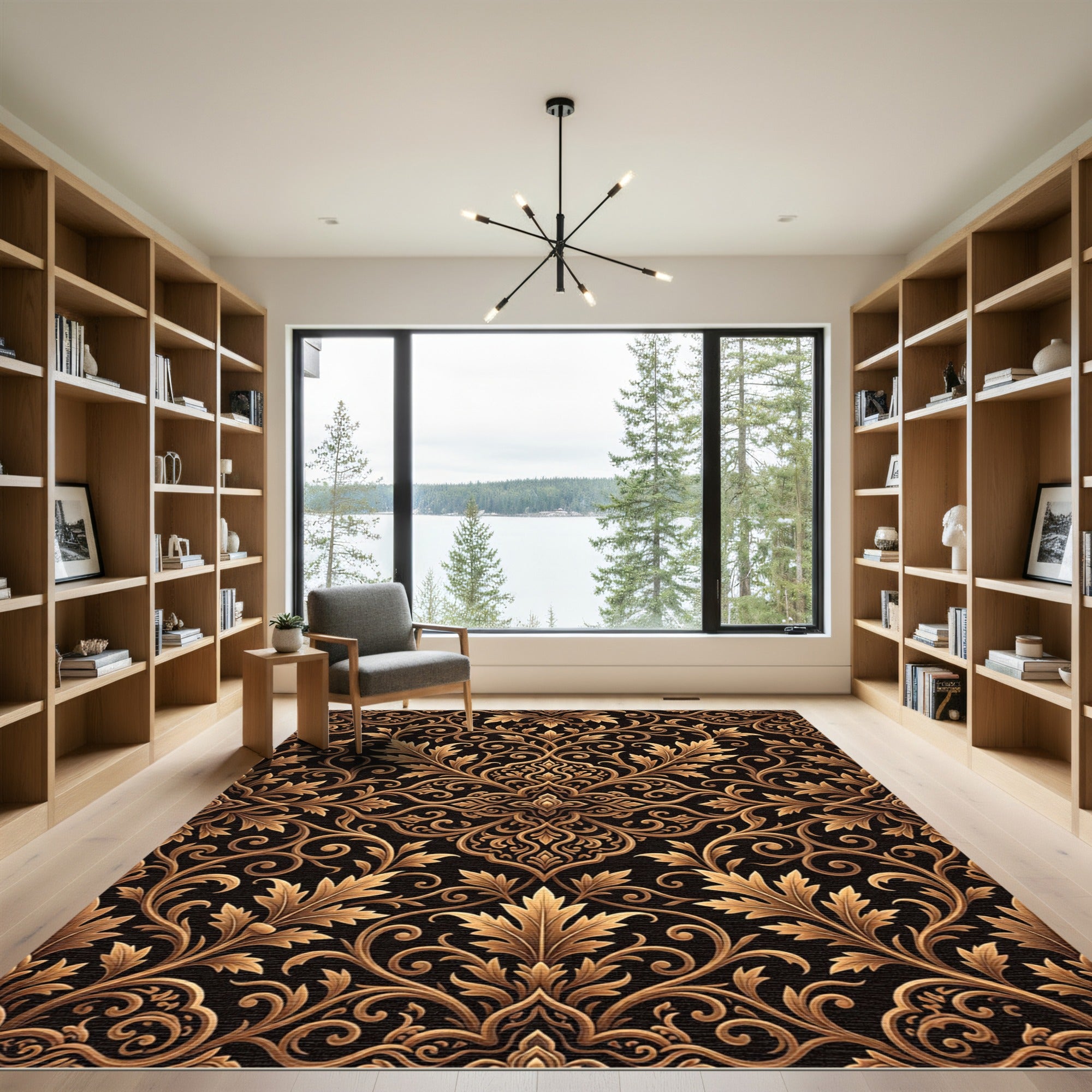 Elegant Gold Floral Damask Rug