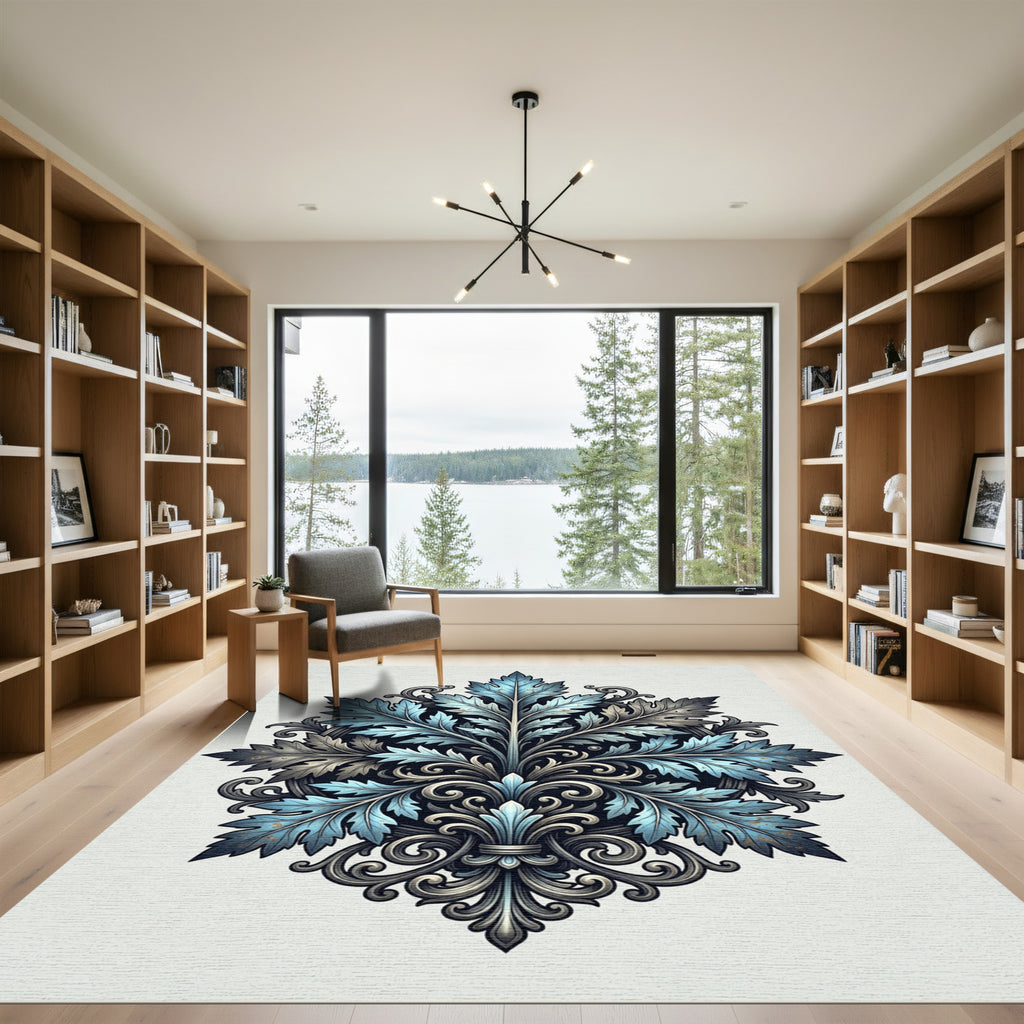 Elegant Blue Foliage Damask Illustration Rug