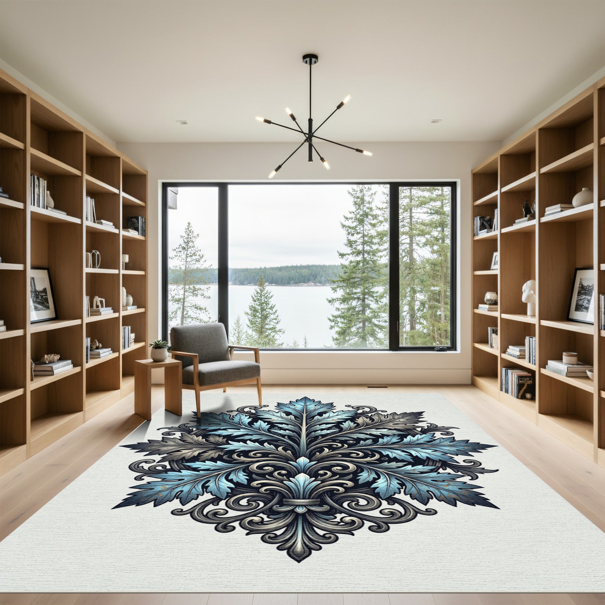 Elegant Blue Foliage Damask Illustration Rug