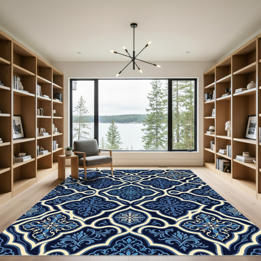 Deep Blue Floral Arabesque Rug