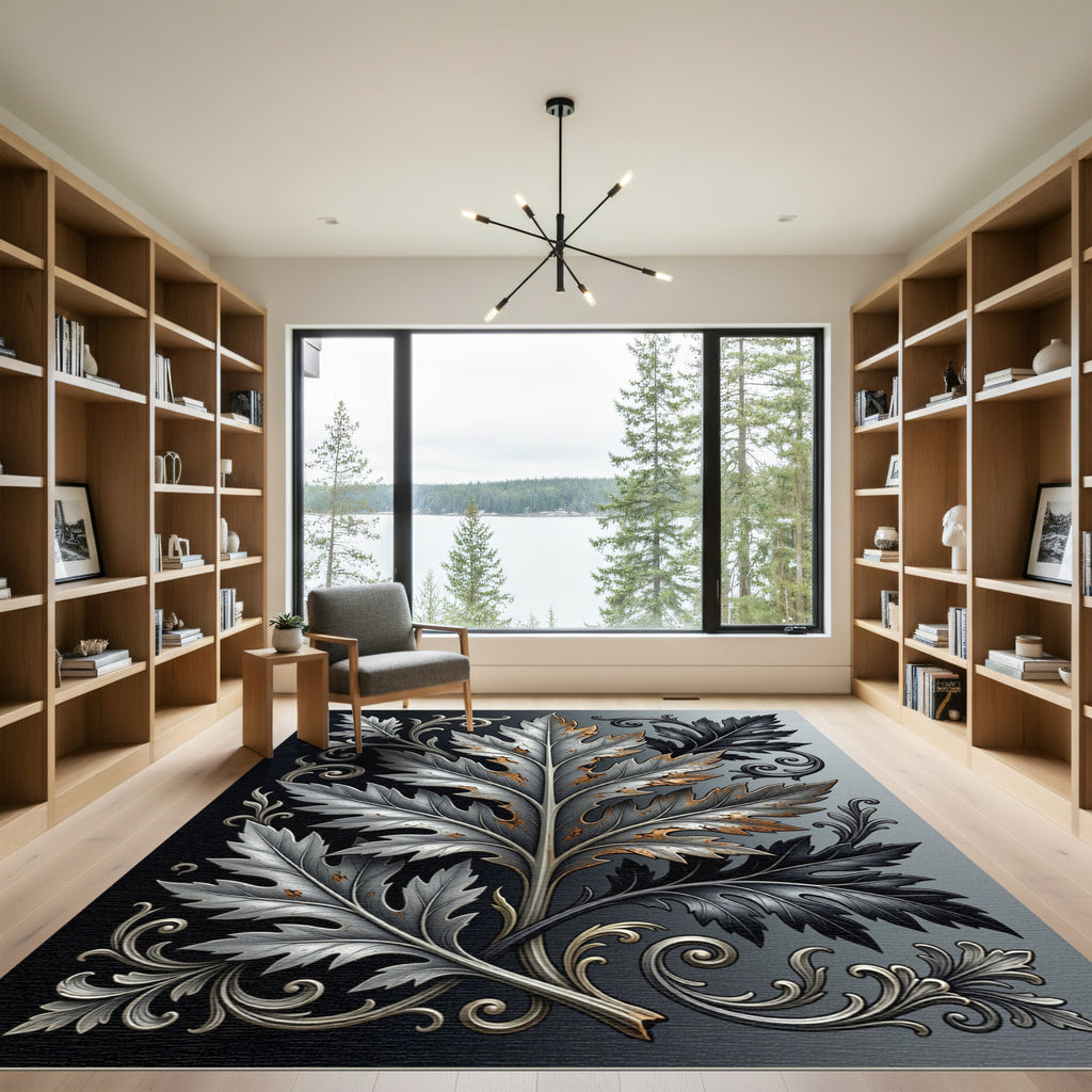 Metallic Silver Iron Acanthus Leaf Scroll Rug