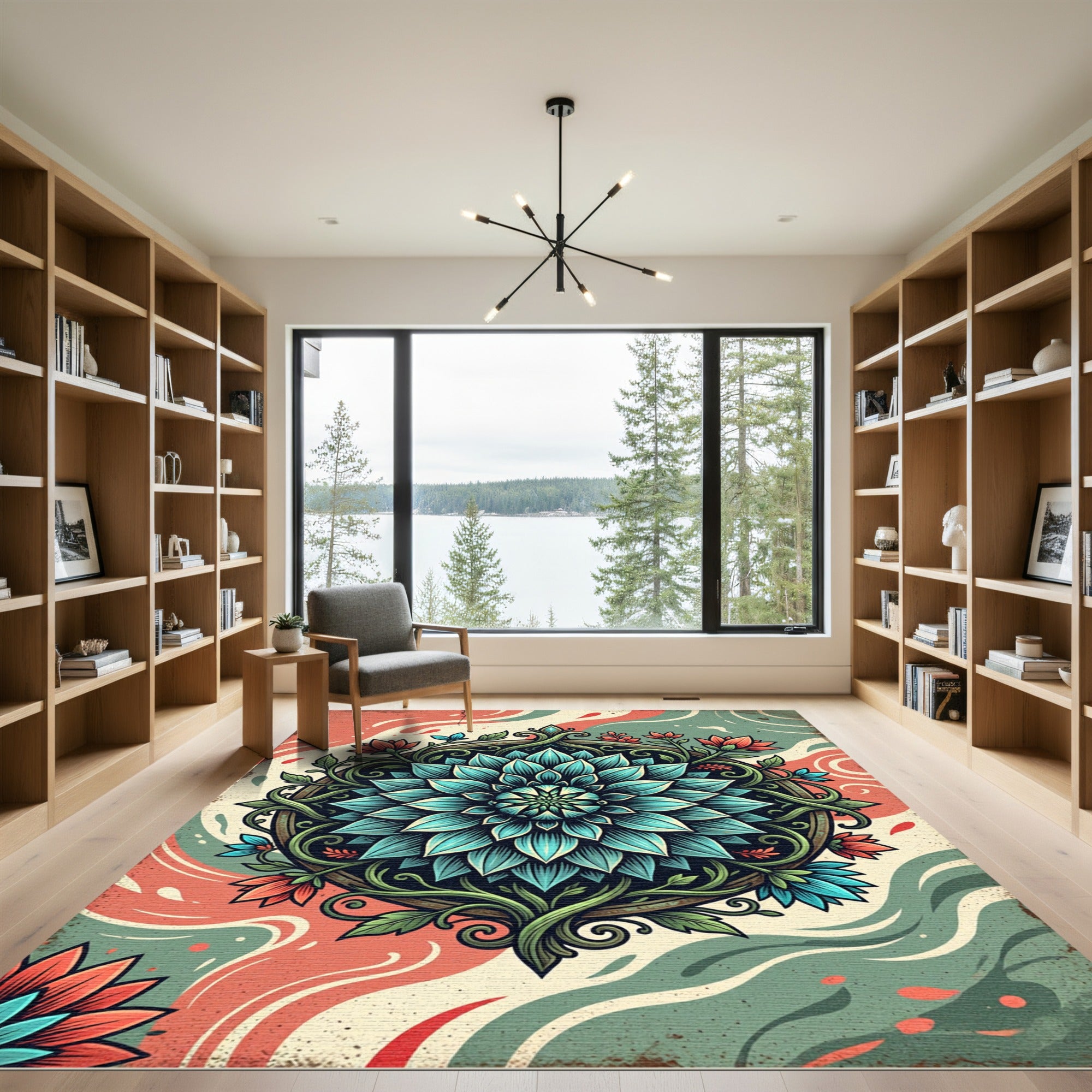 Teal Lotus Mandala Floral Art Rug